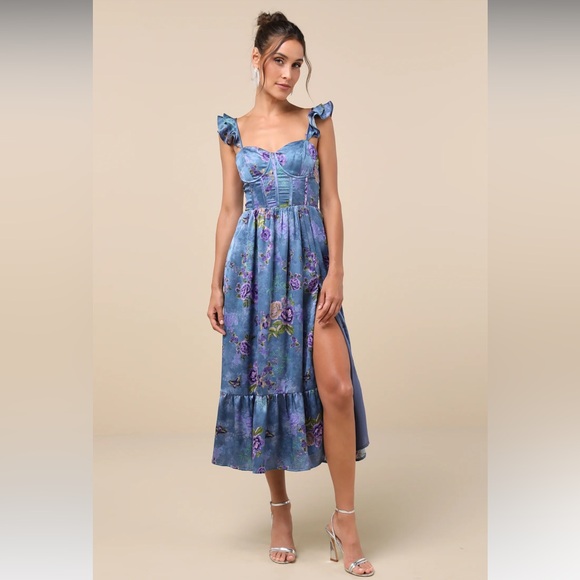 Lulu's Blue Floral Midi Dress - Picture 1 of 3